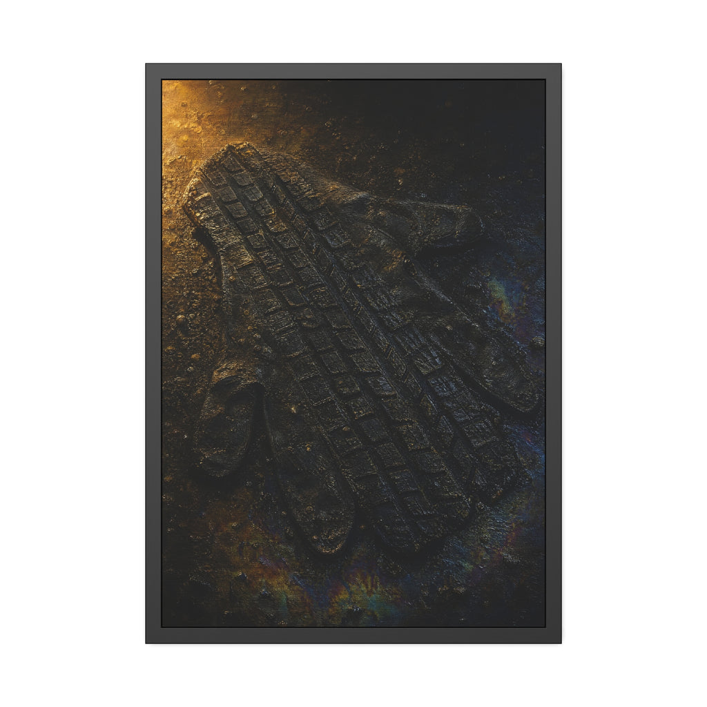 A flattened work glove on asphalt with a tire tread pressed across it. The Passage of the Wheel by Garabaggio, framed fine art print hanging in a room.