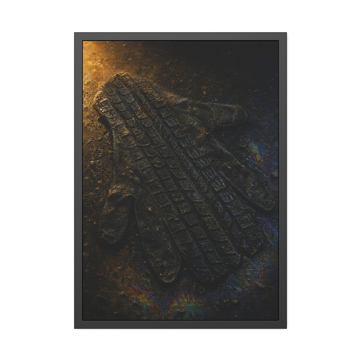 A flattened work glove on asphalt with a tire tread pressed across it. The Passage of the Wheel by Garabaggio, framed fine art print hanging in a room.