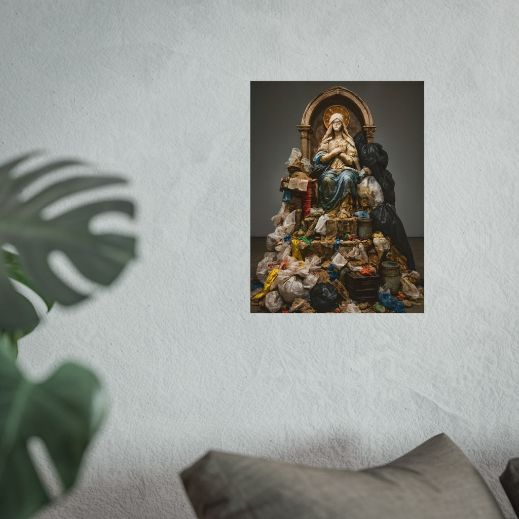 A robed statue on a mound of garbage bags in a gallery. The Immaculate Collection by Garabaggio, fine art print hanging in a room.