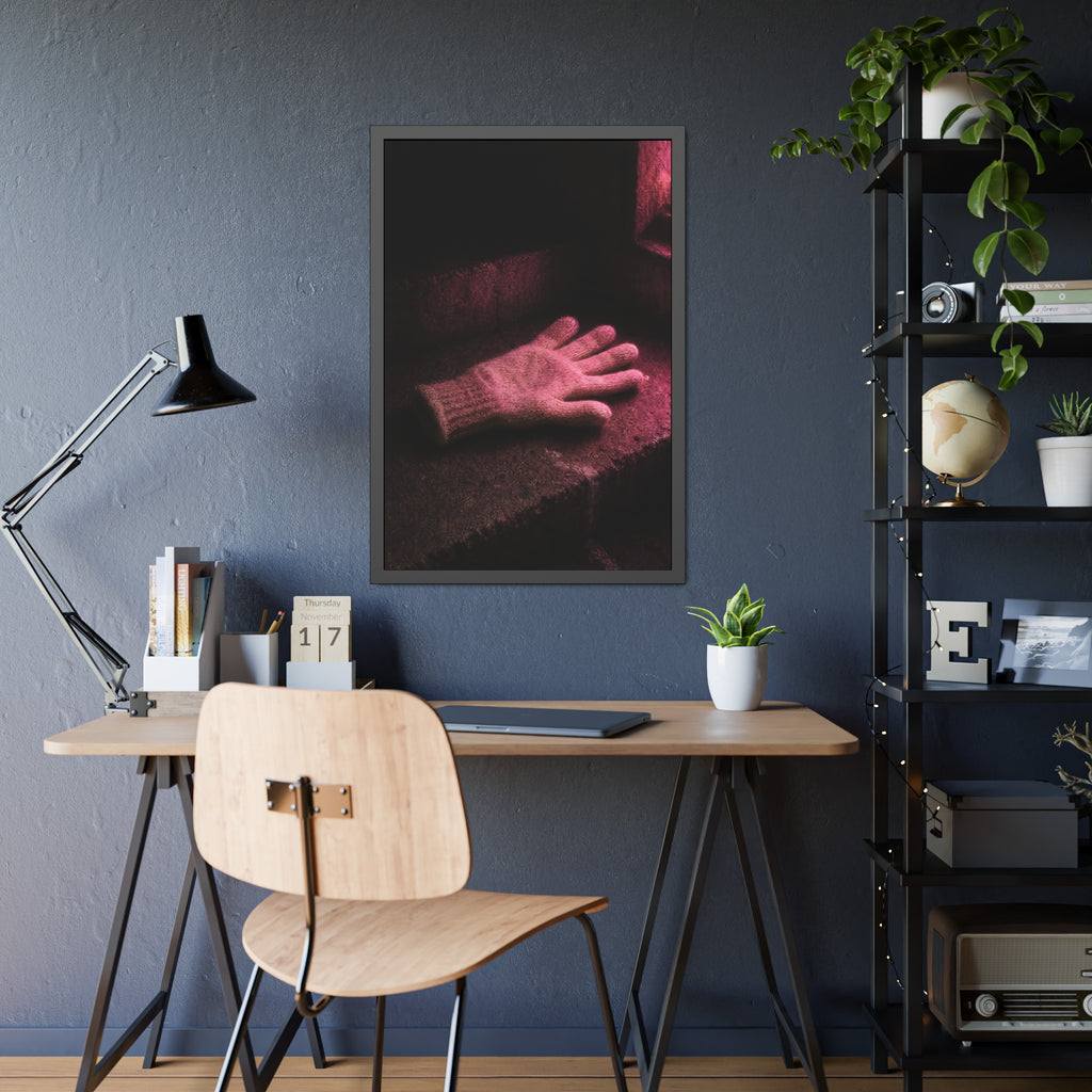 A knitted glove lying flat on a concrete step under pink light. The Vigil in Pink Light by Garabaggio, framed fine art print hanging in a room.