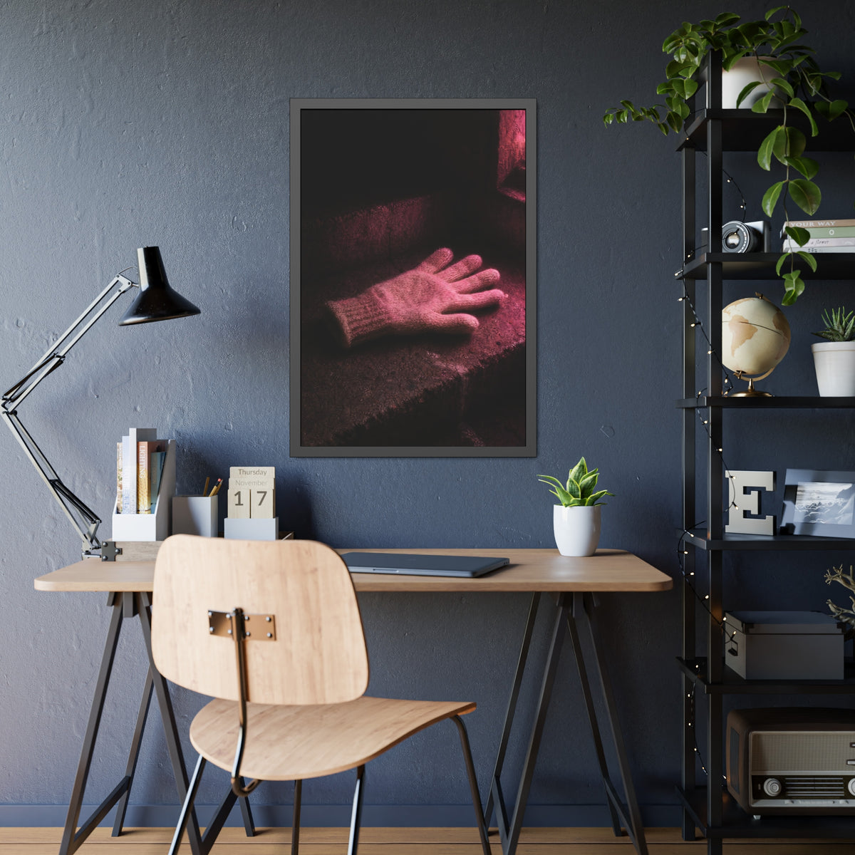 A knitted glove lying flat on a concrete step under pink light. The Vigil in Pink Light by Garabaggio, framed fine art print hanging in a room.