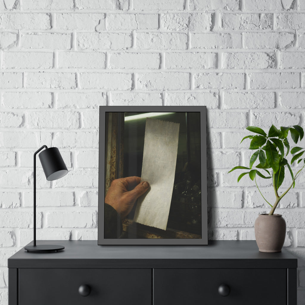 A hand holding a blank slip at a rusted counter window, bottles behind. The Receipt of Absolution by Garabaggio, framed fine art print hanging in a room.