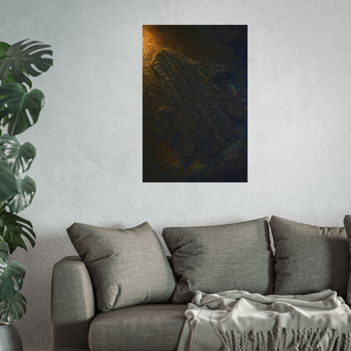 A flattened work glove on asphalt with a tire tread pressed across it. The Passage of the Wheel by Garabaggio, fine art print hanging in a room.