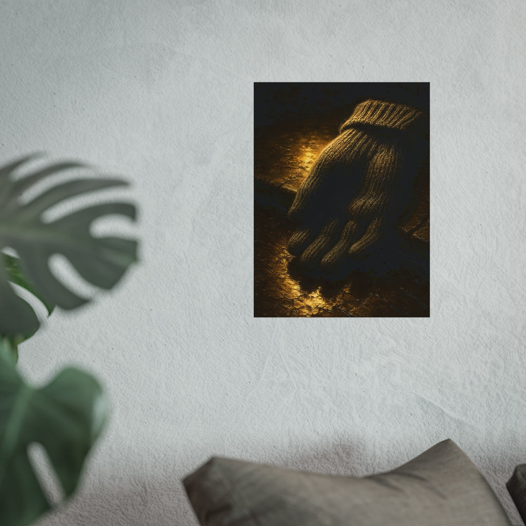 A knitted wool glove palm down on wet stone in gold light. The Presentation of the Woolen Glove by Garabaggio, fine art print hanging in a room.