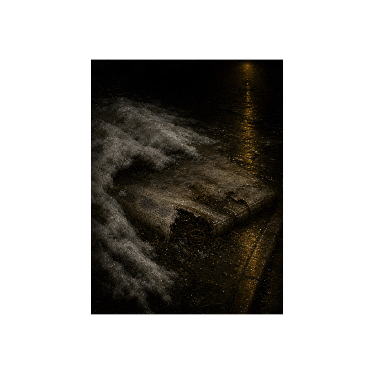 A soaked mattress in melting snow at the curb beside a wet street. The Thaw by Garabaggio, fine art print, 12″ x 16″.
