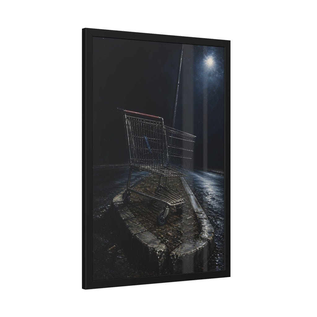 A shopping cart stranded on a stone median under a streetlight. The Crossing of the Median by Garabaggio, framed fine art print hanging in a room.