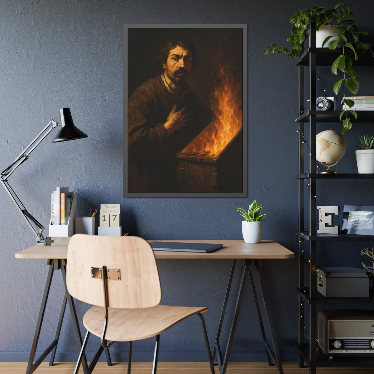 Man with a hand on his chest as flames run the length of a dumpster. Self-Portrait in the Final Hour by Garabaggio, framed fine art print hanging in a room.