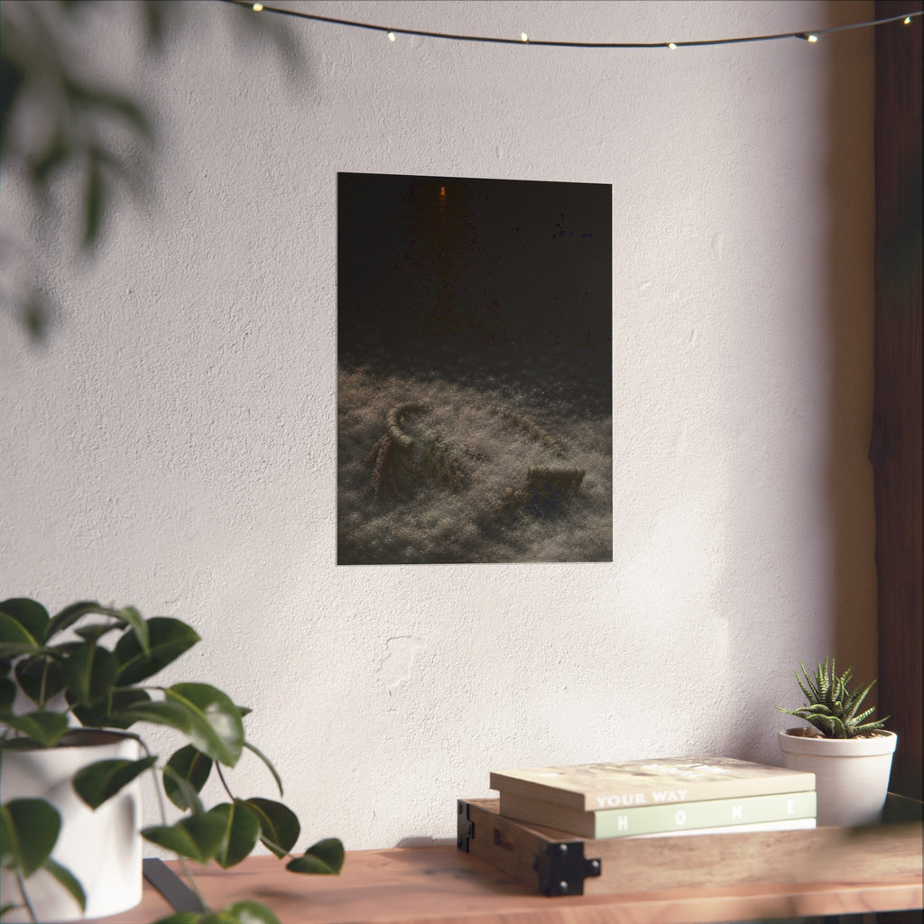 A broken laundry basket half buried in a snowbank under a distant light. Lattice in the Snowbank by Garabaggio, fine art print hanging in a room.
