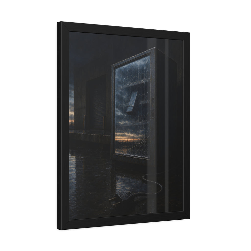 Empty vending machine with cracked glass reflecting dawn on a wet lot. Dawn in the Dead Glass by Garabaggio, framed fine art print hanging in a room.