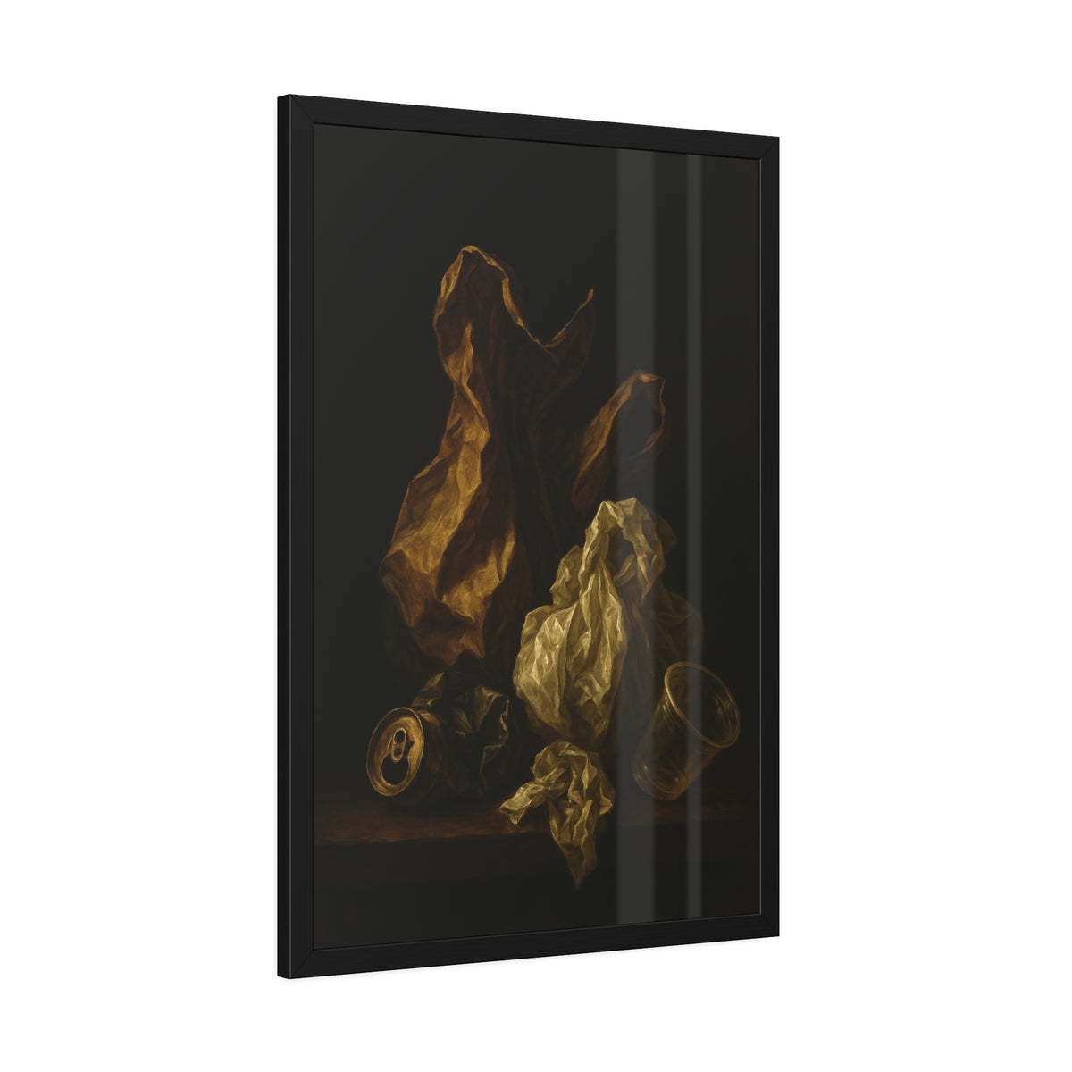 A plastic bag and crumpled paper beside a crushed can and clear cup. The Two Penitents by Garabaggio, framed fine art print hanging in a room.