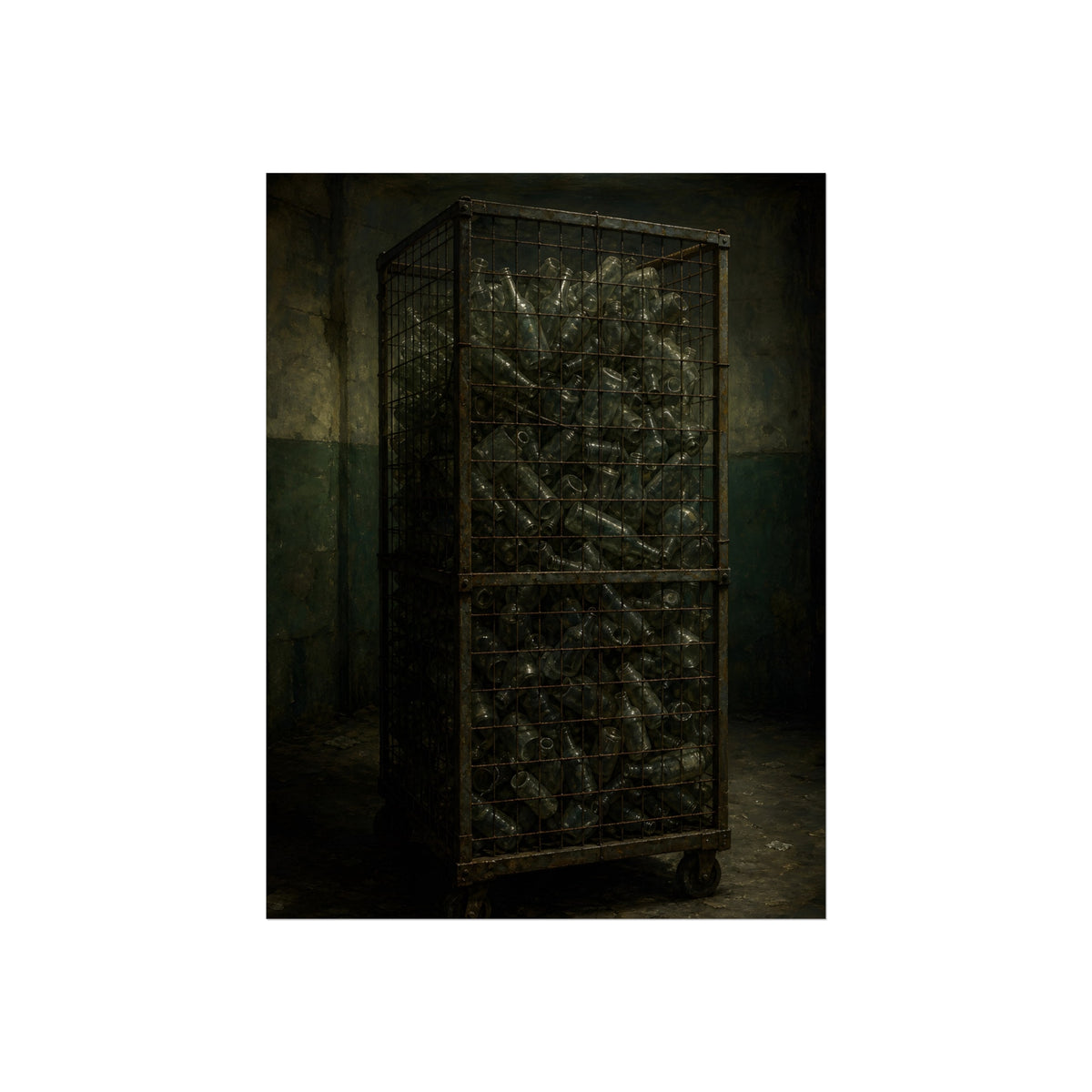 A tall wire cage cart packed with clear bottles in a dim concrete room. The Cage of Clear Glass by Garabaggio, fine art print, 12″ x 16″.