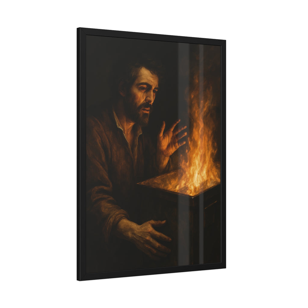 Man holding both hands toward the flames of a burning dumpster. Self-Portrait Warming the Hands by Garabaggio, framed fine art print hanging in a room.