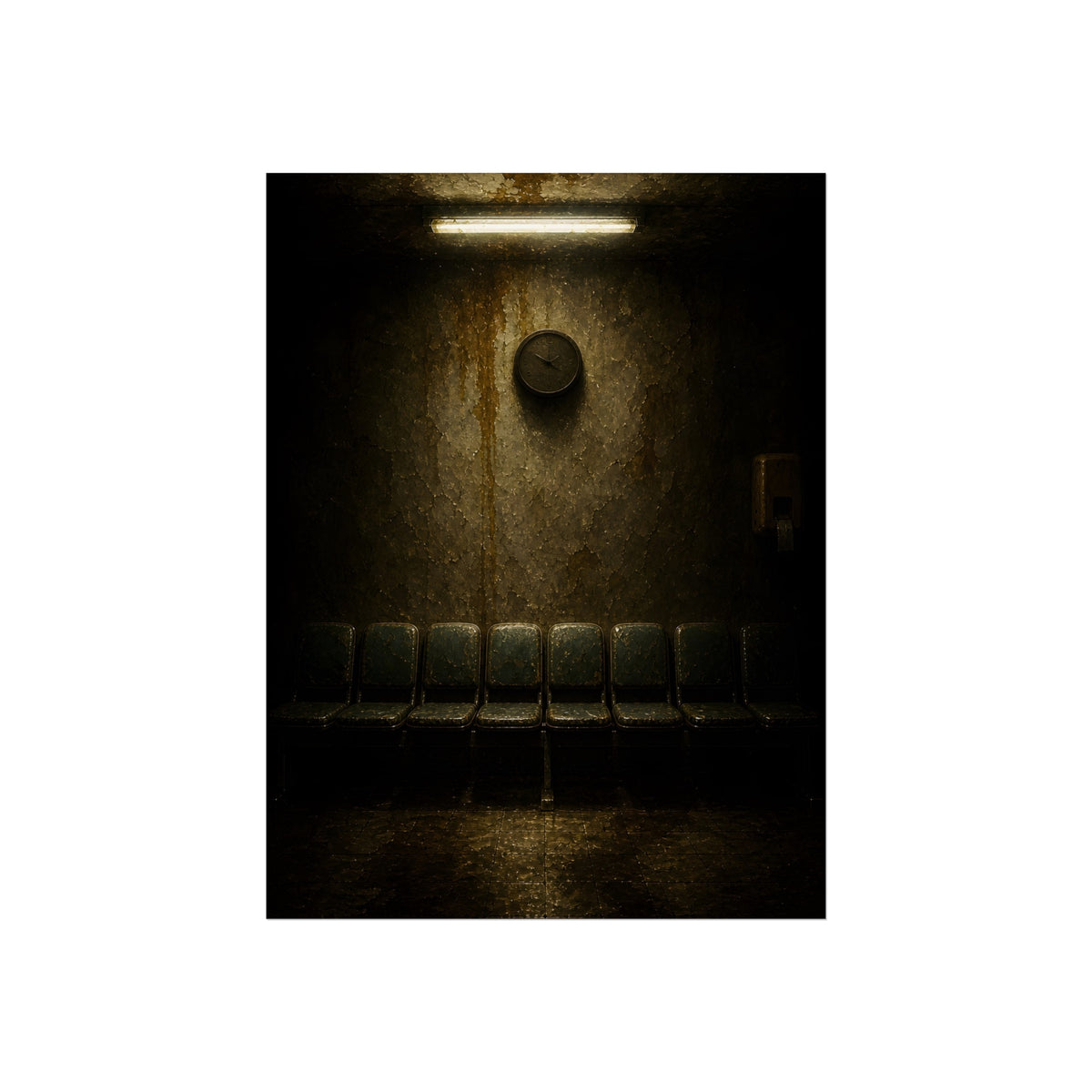 Empty waiting room seats below a stained wall clock and a strip light. Afternoon Without Movement by Garabaggio, fine art print, 12″ x 16″.