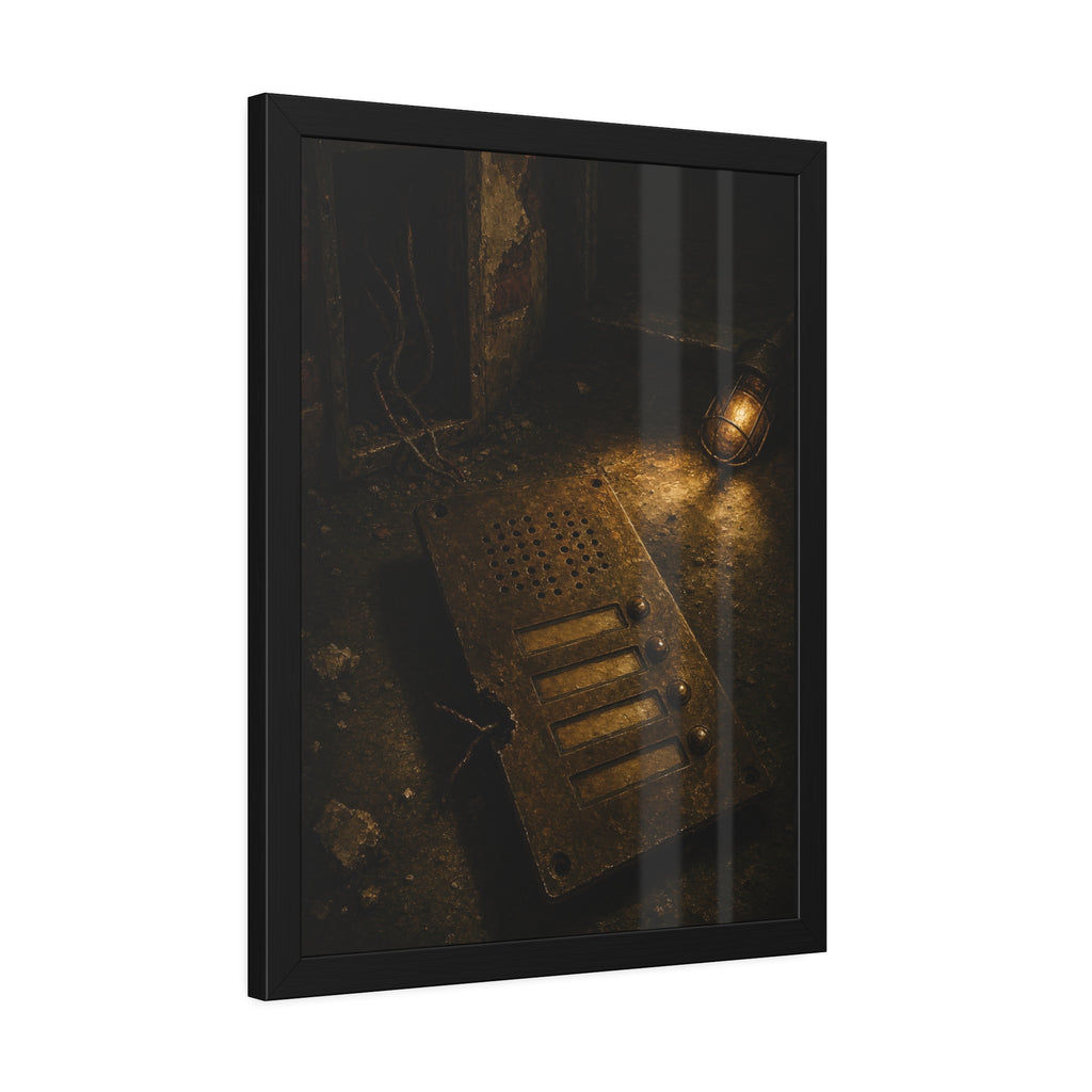 An intercom panel face up on a floor, wires cut, lit by a work lamp. The Plate Taken Down by Garabaggio, framed fine art print hanging in a room.