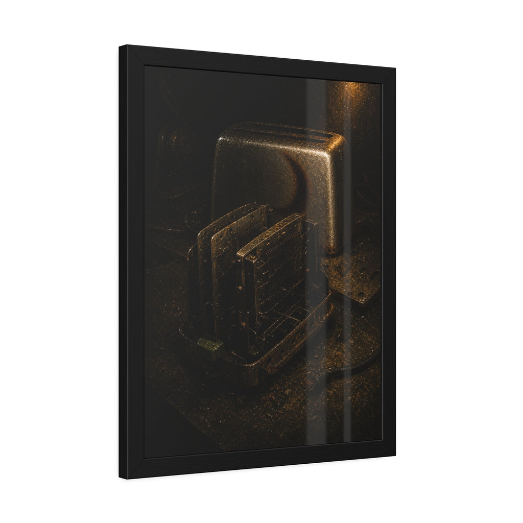 A toaster with its side panel opened to expose the heating elements. The Opening of the Shell by Garabaggio, framed fine art print hanging in a room.