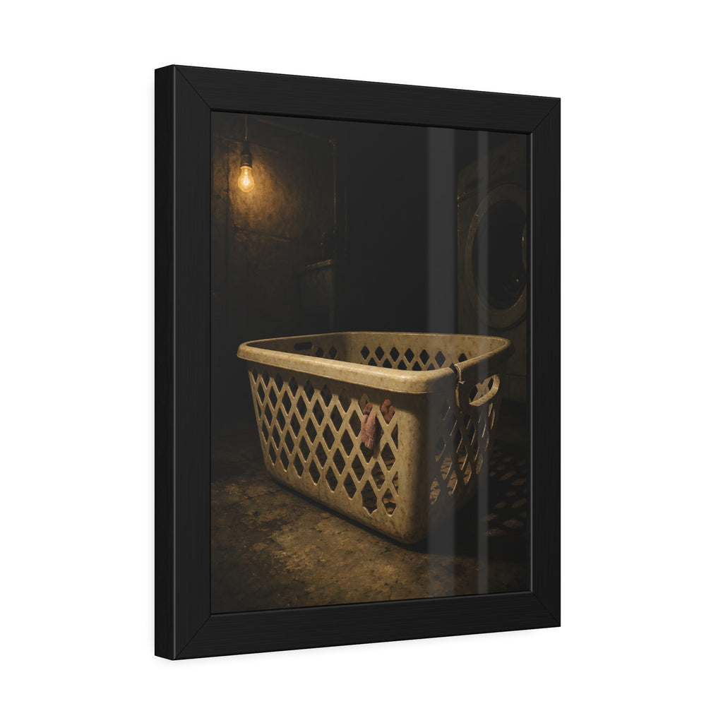 A plastic laundry basket on a basement floor under a bare hanging bulb. The First Split by Garabaggio, framed fine art print hanging in a room.