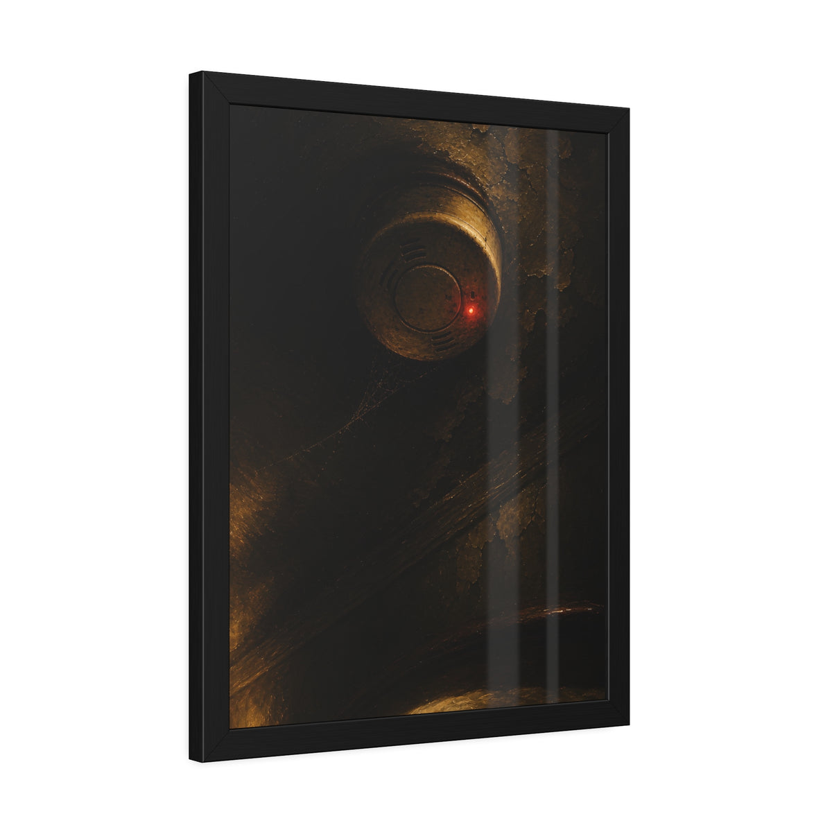 A smoke detector on a stained ceiling, its red light on, cobweb below. The Watch Above Sleep by Garabaggio, framed fine art print hanging in a room.