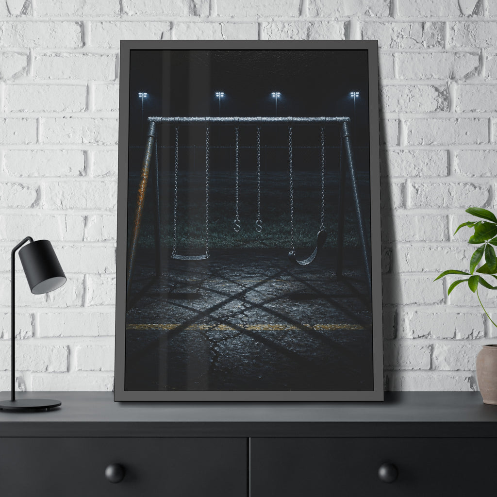 An empty swing set with a rusted leg on cracked asphalt. The Second Hour: The Rust Shaped Like a Hand by Garabaggio, framed fine art print hanging in a room.