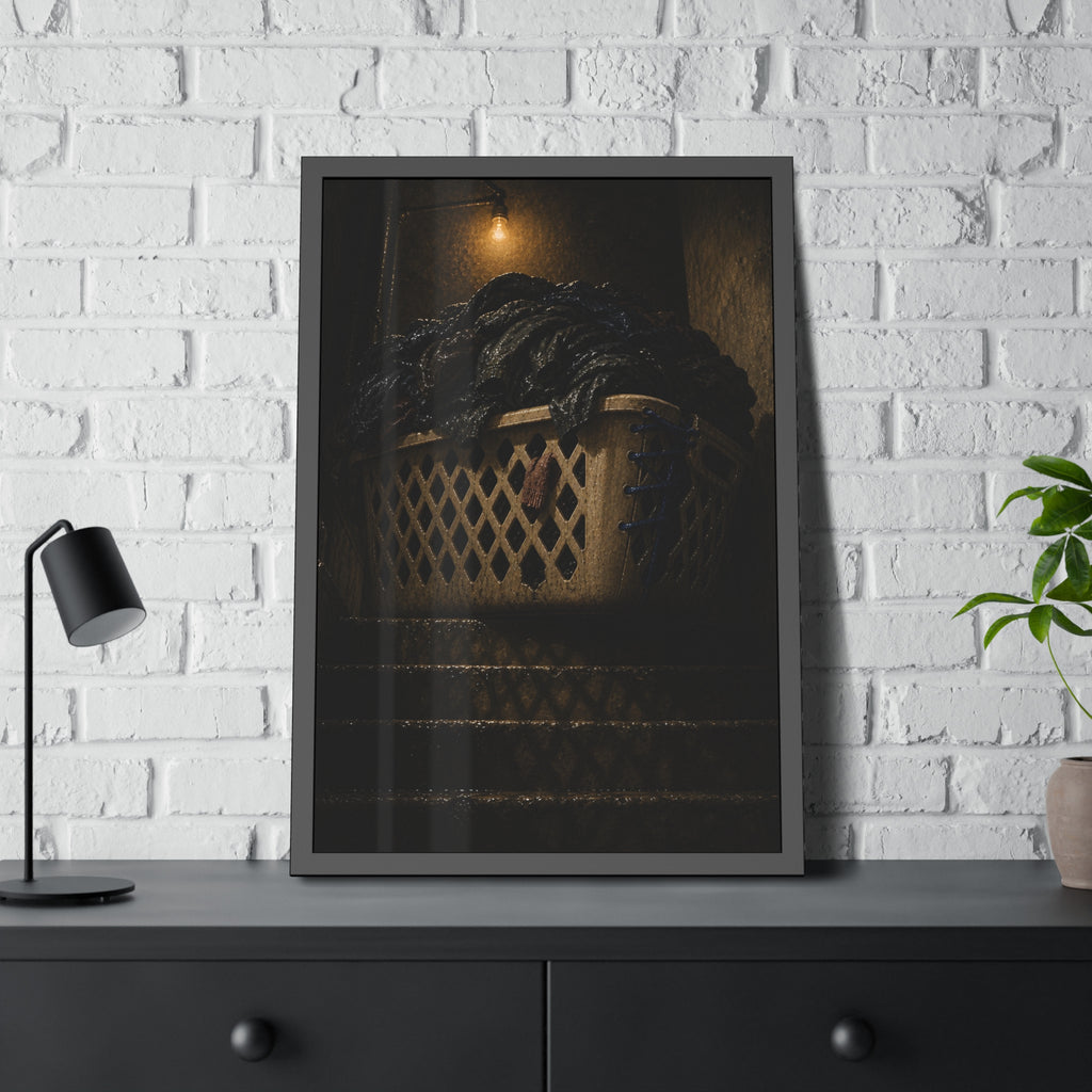 A laundry basket heaped with clothes on stairs under a bare bulb. The Overload on the Basement Stairs by Garabaggio, framed fine art print hanging in a room.