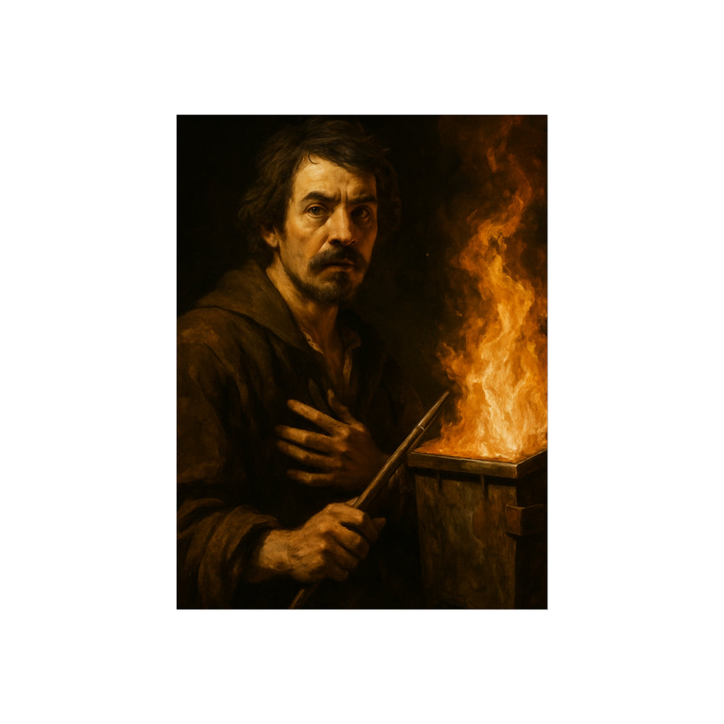 Man holding a long wooden stick, hand on chest, before a burning bin. Self-Portrait with Mahlstick by Garabaggio, fine art print hanging in a room.