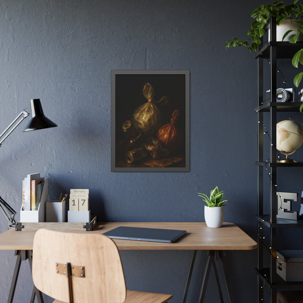 Two knotted plastic bags and crushed cans on a dark table. The Knotted Offering by Garabaggio, framed fine art print hanging in a room.
