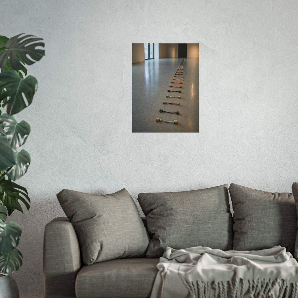 A long line of cut extension cord ends laid across a pale gallery floor. The Severed Procession by Garabaggio, fine art print hanging in a room.