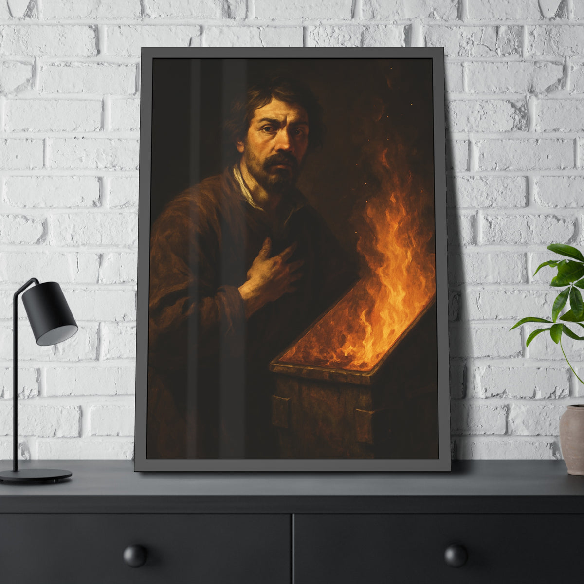 Man with a hand on his chest as flames run the length of a dumpster. Self-Portrait in the Final Hour by Garabaggio, framed fine art print hanging in a room.