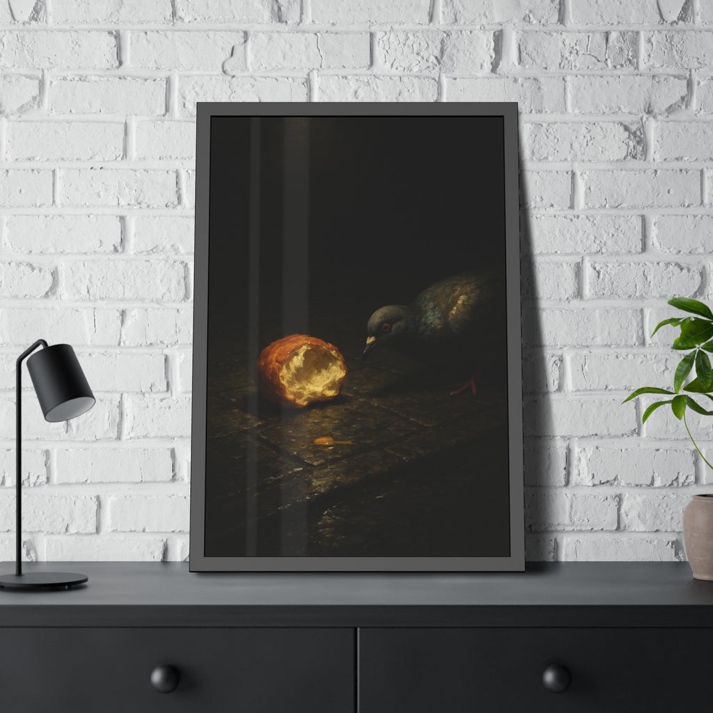 A pigeon leaning toward a torn bread roll on wet paving stones. The Offering of the Discarded Bun by Garabaggio, framed fine art print hanging in a room.