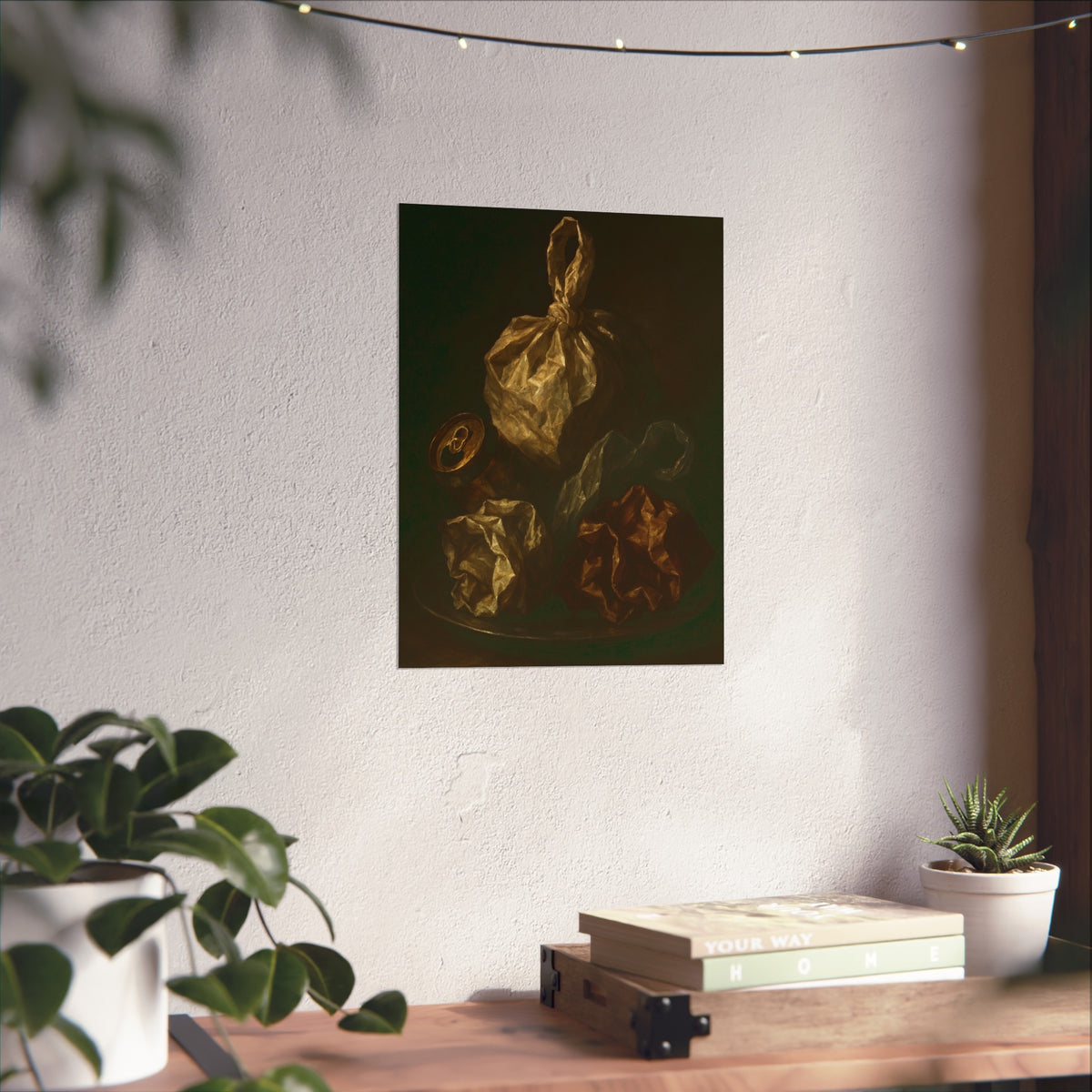 Knotted plastic bag on a plate with crumpled wrappers and a crushed can. Communion of the Knotted Bag by Garabaggio, fine art print hanging in a room.