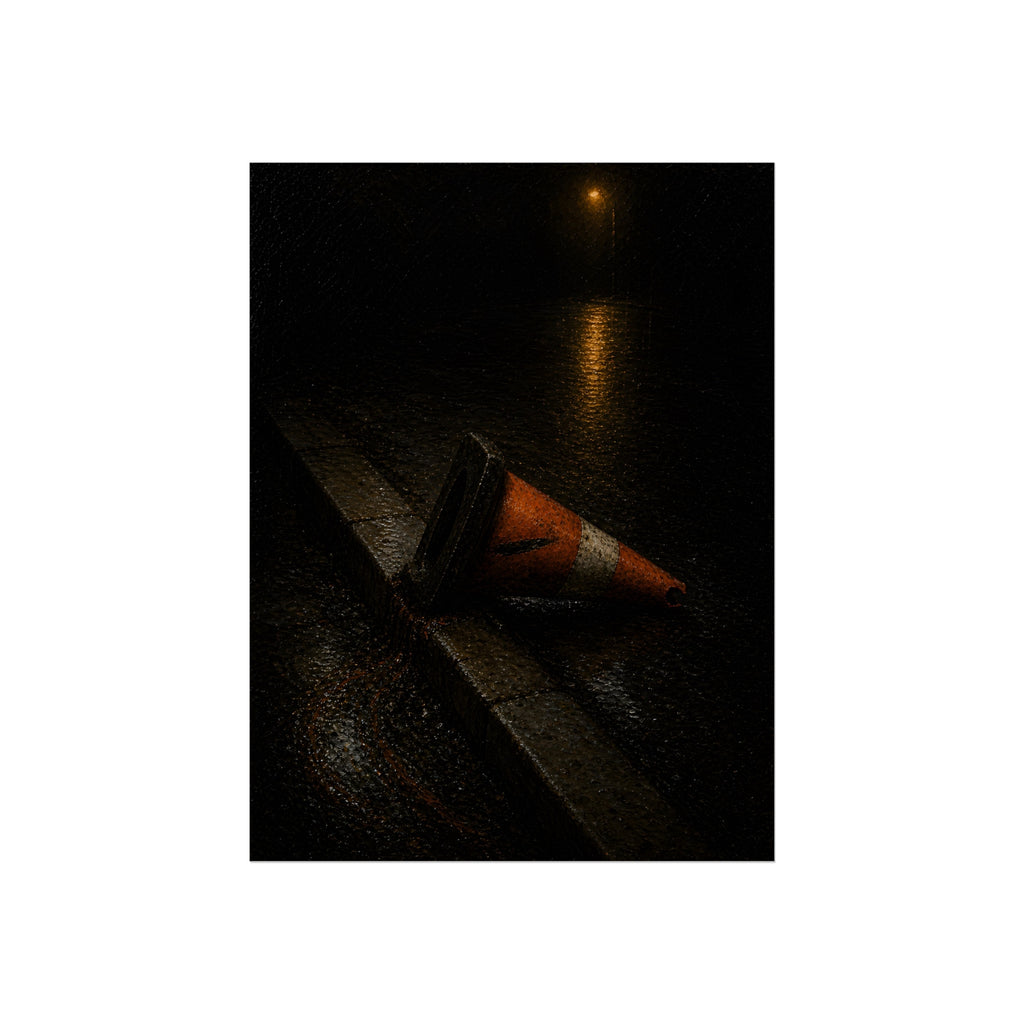 An orange traffic cone toppled on a wet curb under a distant streetlamp. The Dragging Through Rain by Garabaggio, fine art print, 12″ x 16″.