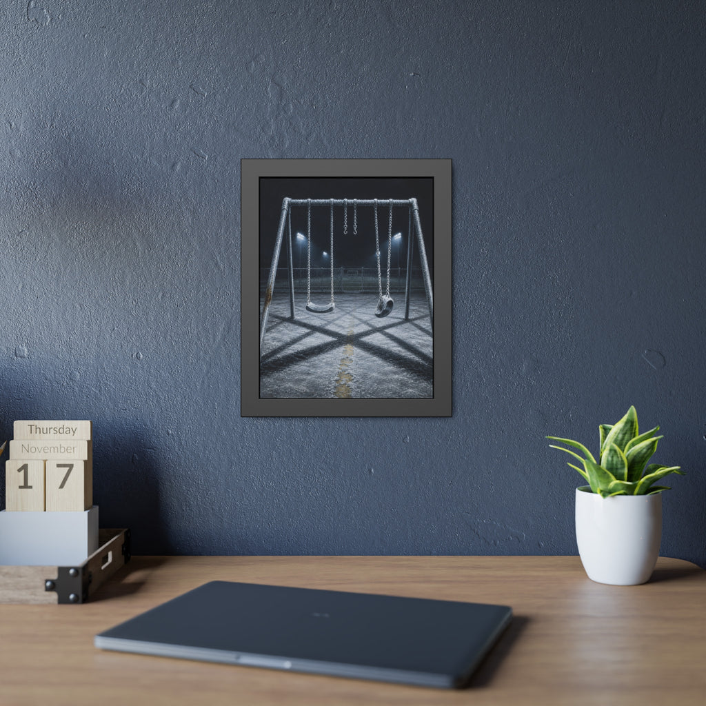 A frost covered swing set on empty asphalt under distant floodlights. The Third Hour: The Coldest Part by Garabaggio, framed fine art print hanging in a room.