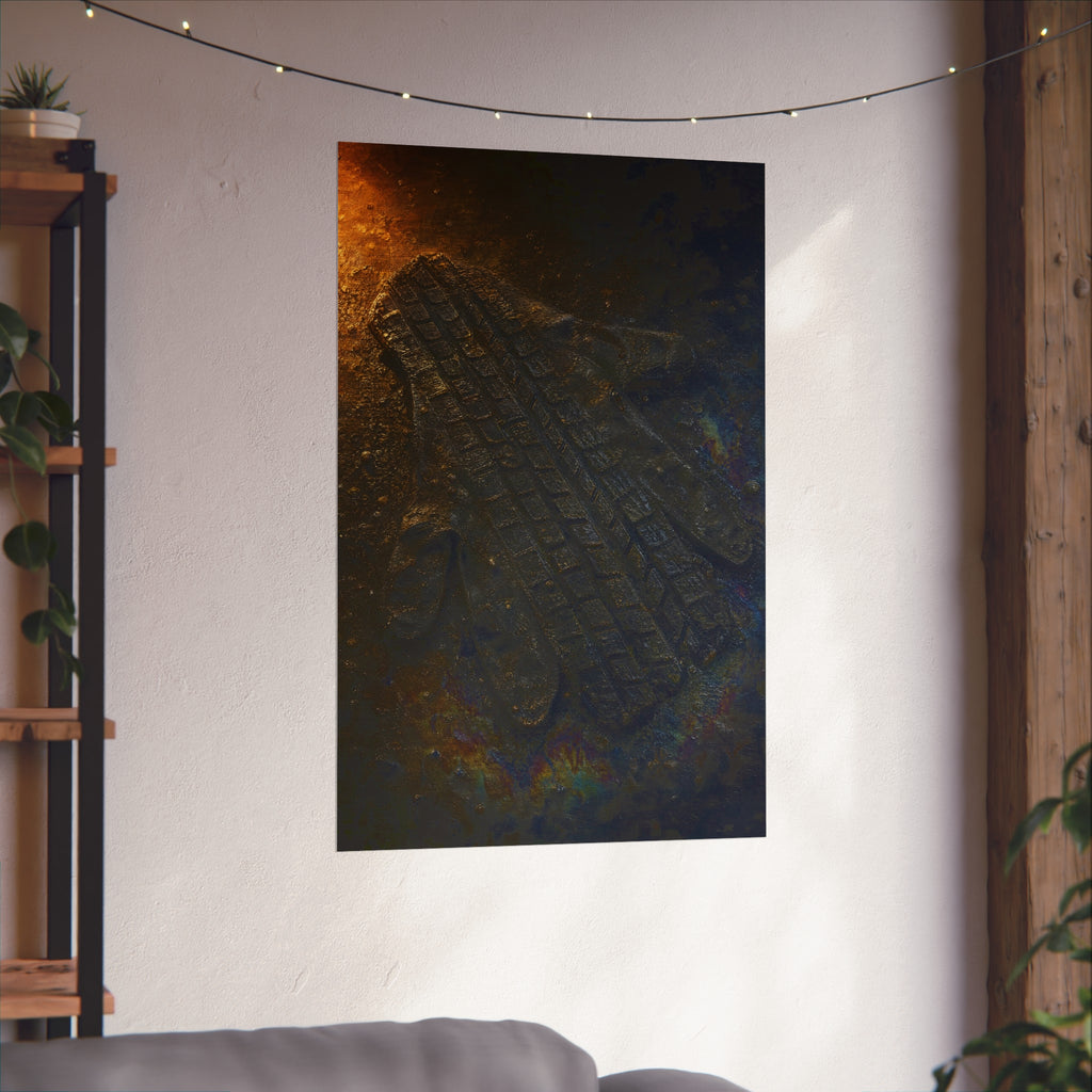 A flattened work glove on asphalt with a tire tread pressed across it. The Passage of the Wheel by Garabaggio, fine art print hanging in a room.