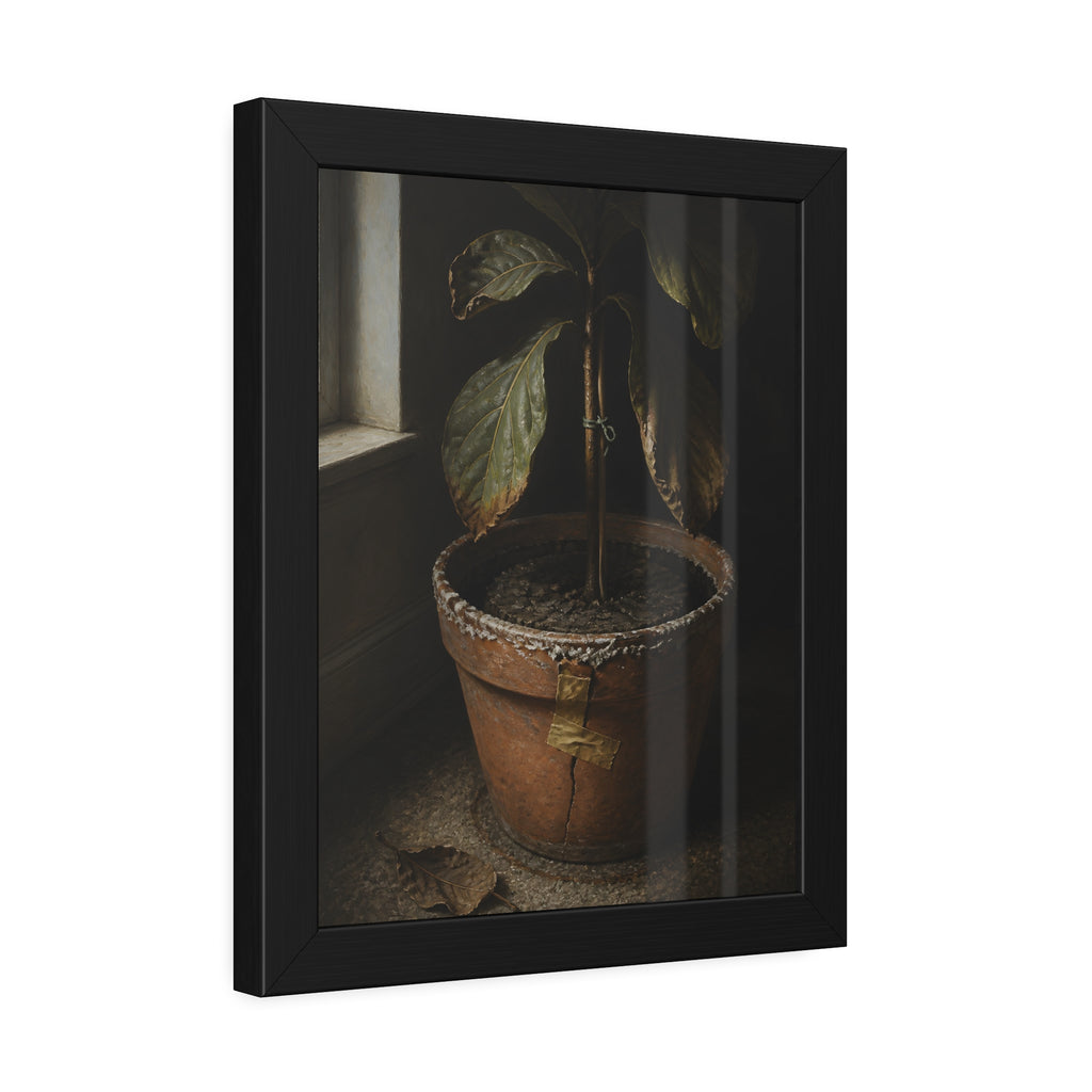 A drooping potted plant in a cracked terracotta pot beside a window. The Missed Watering by Garabaggio, framed fine art print hanging in a room.