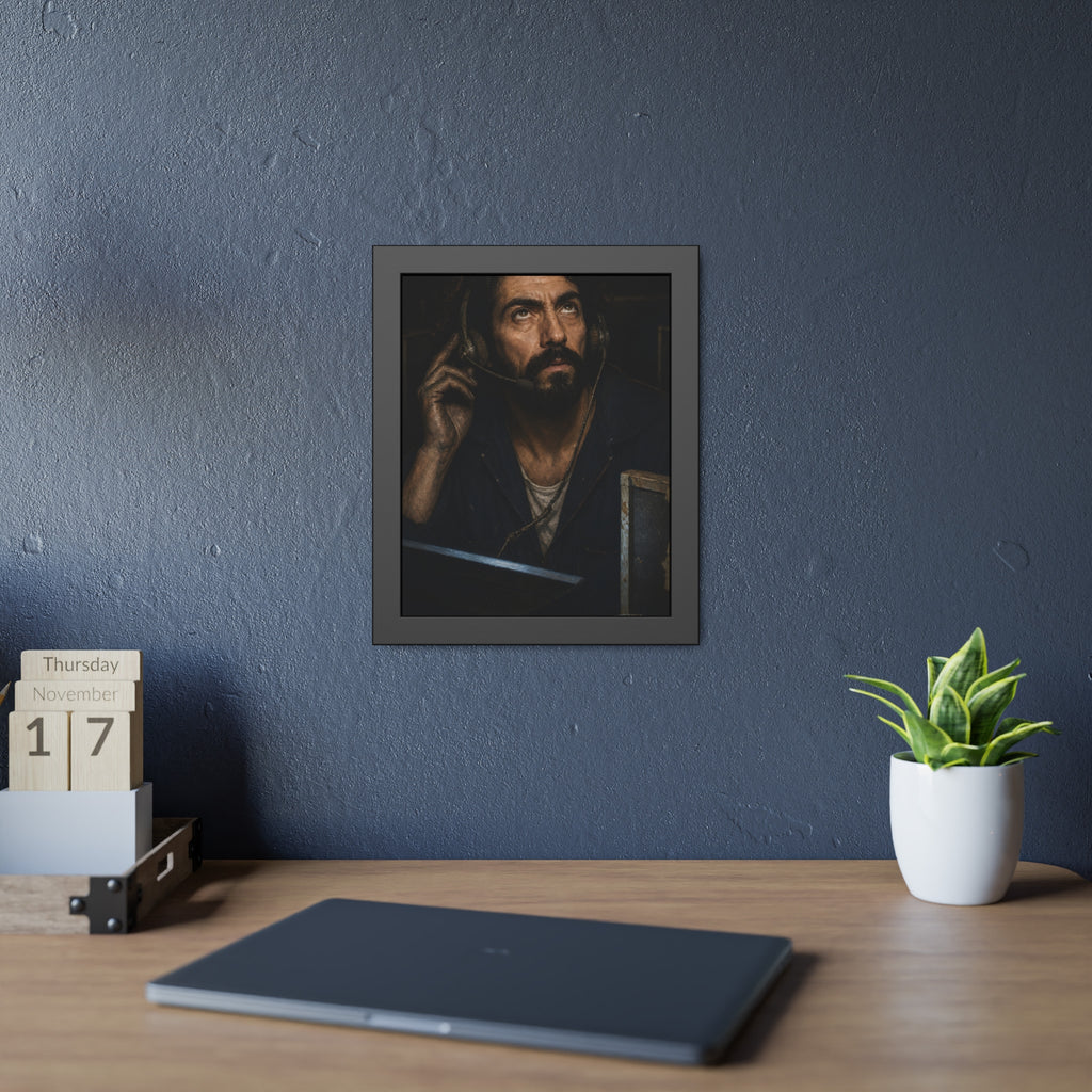 A man in a phone headset looks upward over the glow of a monitor. Garabaggio on Hold by Garabaggio, framed fine art print hanging in a room.