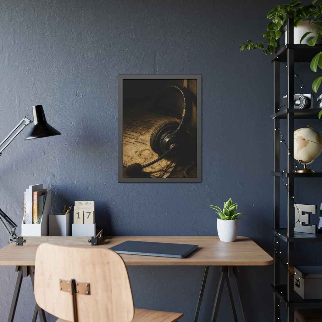 A worn headset resting on a printed script page with coffee rings. The Script Beside the Mouthpiece by Garabaggio, framed fine art print hanging in a room.