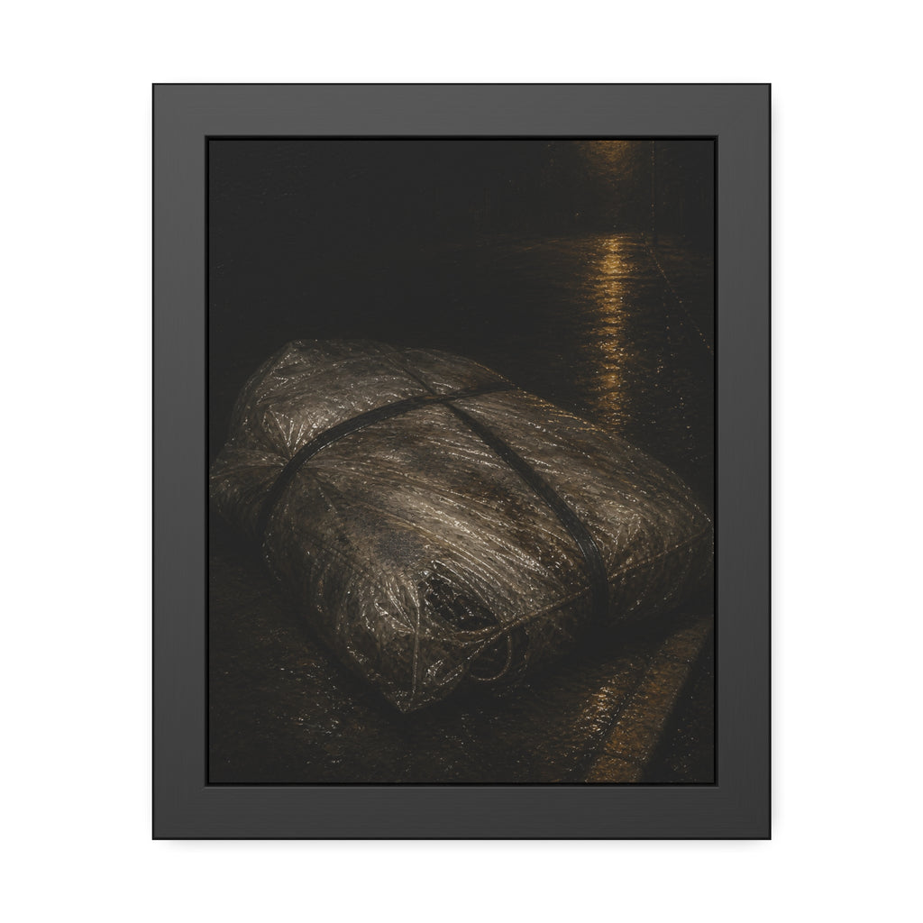 A mattress wrapped in plastic and strapped shut on a wet night street. The Municipal Shroud by Garabaggio, framed fine art print, 11″ x 14″.
