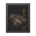 A mattress wrapped in plastic and strapped shut on a wet night street. The Municipal Shroud by Garabaggio, framed fine art print, 11″ x 14″.