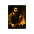Man gripping the edge of a burning dumpster with one hand raised. Self-Portrait at 3:40 AM by Garabaggio, fine art print, 12″ x 16″.