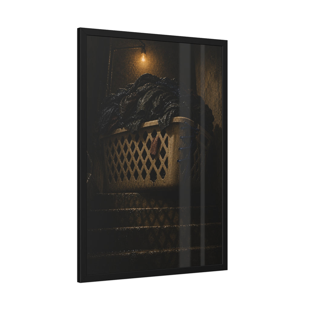 A laundry basket heaped with clothes on stairs under a bare bulb. The Overload on the Basement Stairs by Garabaggio, framed fine art print hanging in a room.