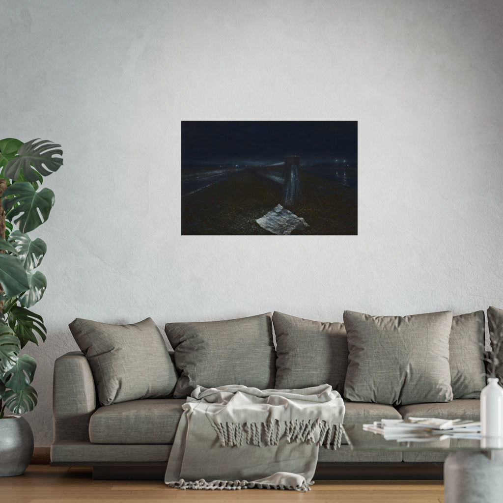 A sheet of paper on a grassy highway median beside a concrete post at night. The Resume on the Median by Garabaggio, fine art print hanging in a room.