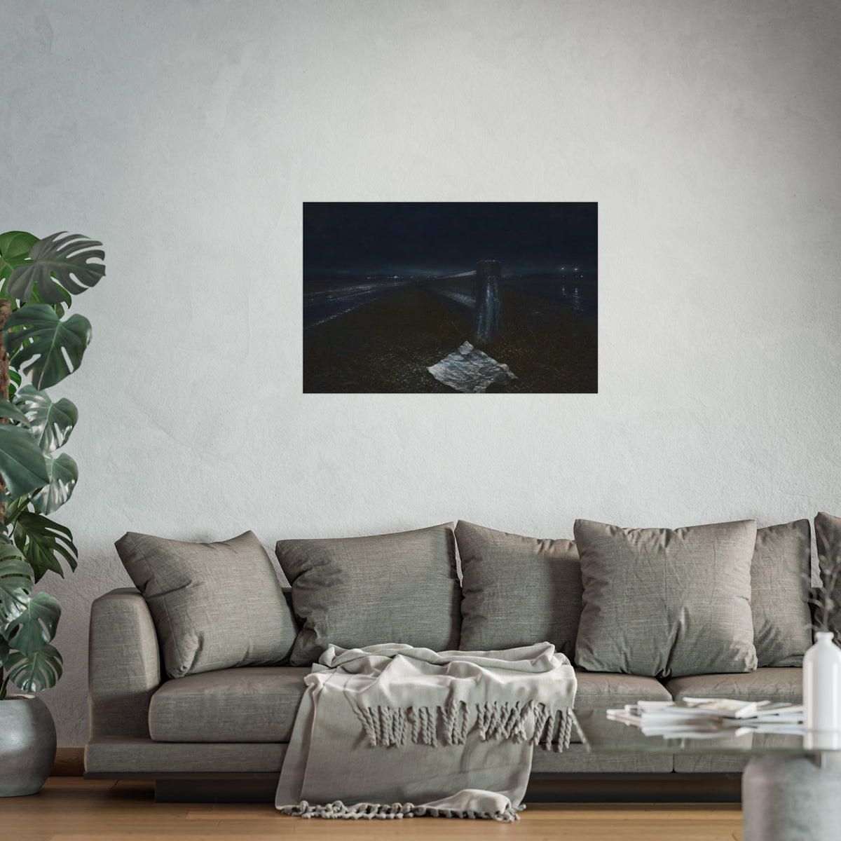 A sheet of paper on a grassy highway median beside a concrete post at night. The Resume on the Median by Garabaggio, fine art print hanging in a room.