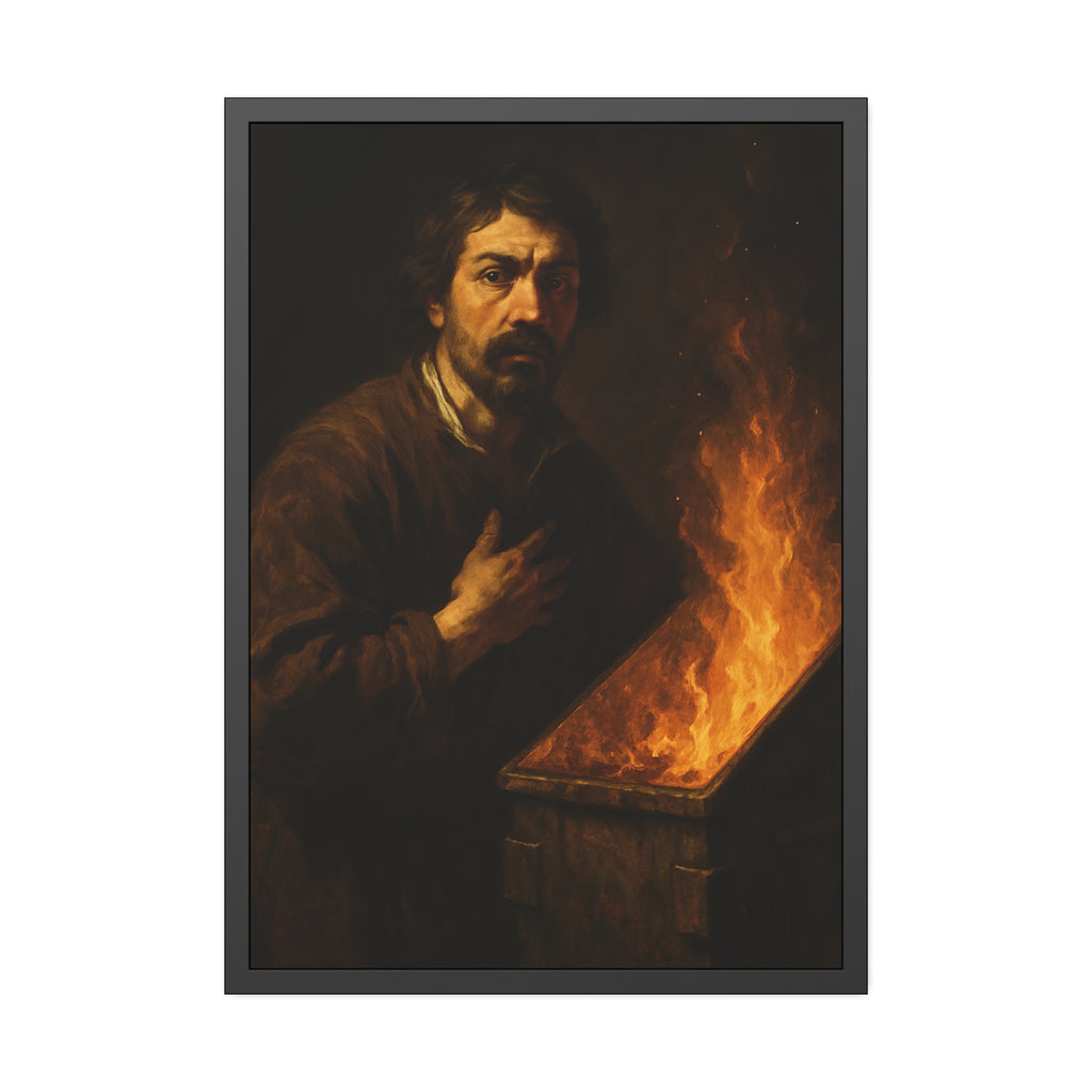 Man with a hand on his chest as flames run the length of a dumpster. Self-Portrait in the Final Hour by Garabaggio, framed fine art print hanging in a room.