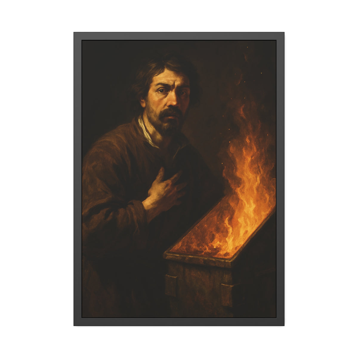 Man with a hand on his chest as flames run the length of a dumpster. Self-Portrait in the Final Hour by Garabaggio, framed fine art print hanging in a room.