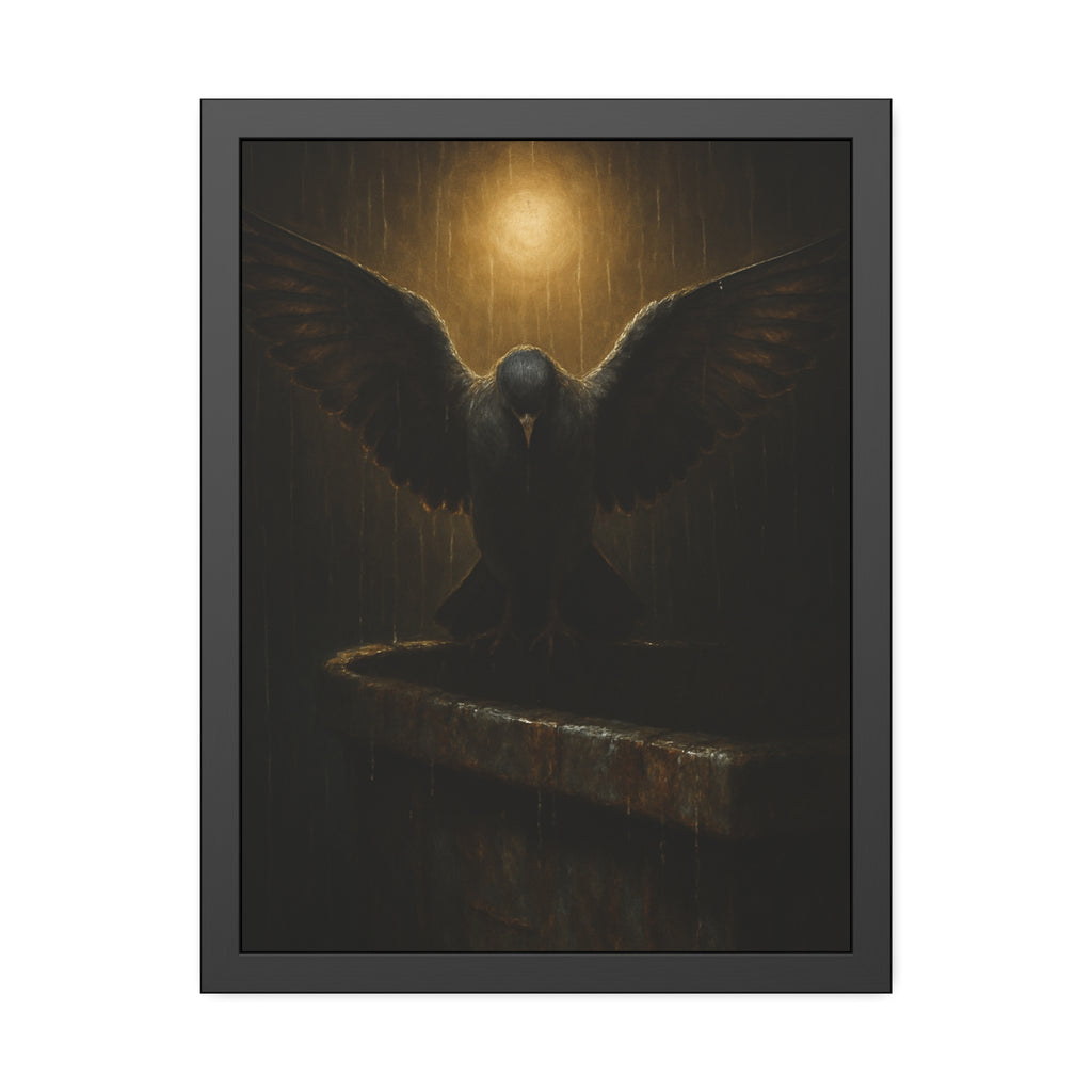 A pigeon with wings spread on a dumpster rim under a lamp in the rain. The Passion (Study in Rain) by Garabaggio, framed fine art print hanging in a room.