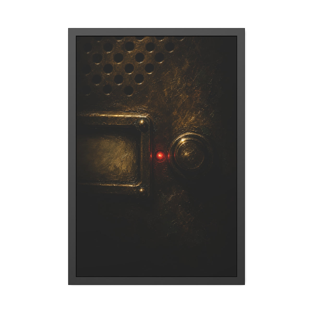 Close on an intercom nameplate and button with a small red light. The First Buzz at Dusk by Garabaggio, framed fine art print, 24″ x 36″.