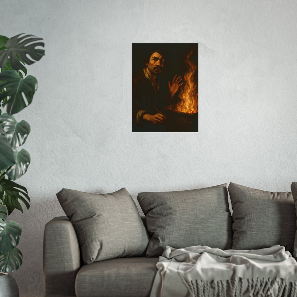 Man holding a paintbrush, his other hand raised beside tall flames. Self-Portrait with Brush and Flame by Garabaggio, fine art print hanging in a room.