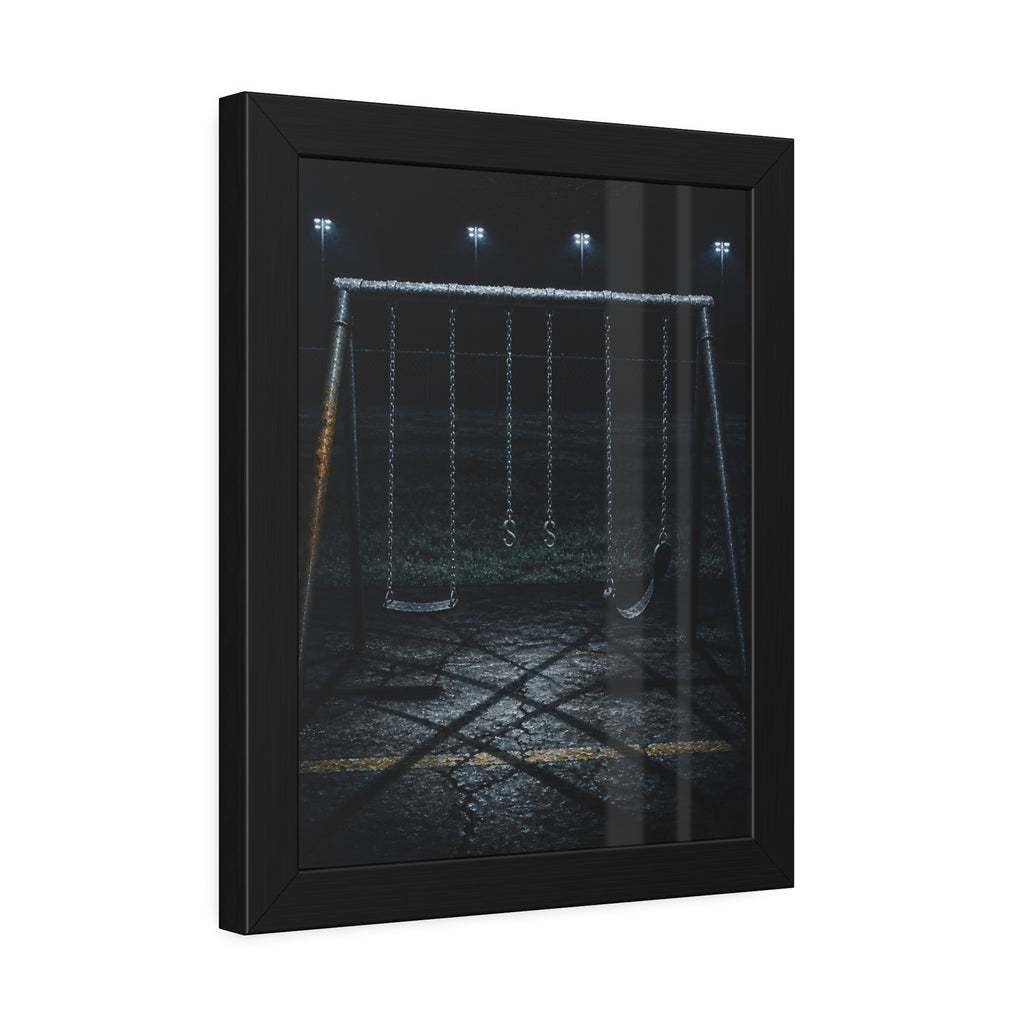 An empty swing set with a rusted leg on cracked asphalt. The Second Hour: The Rust Shaped Like a Hand by Garabaggio, framed fine art print hanging in a room.