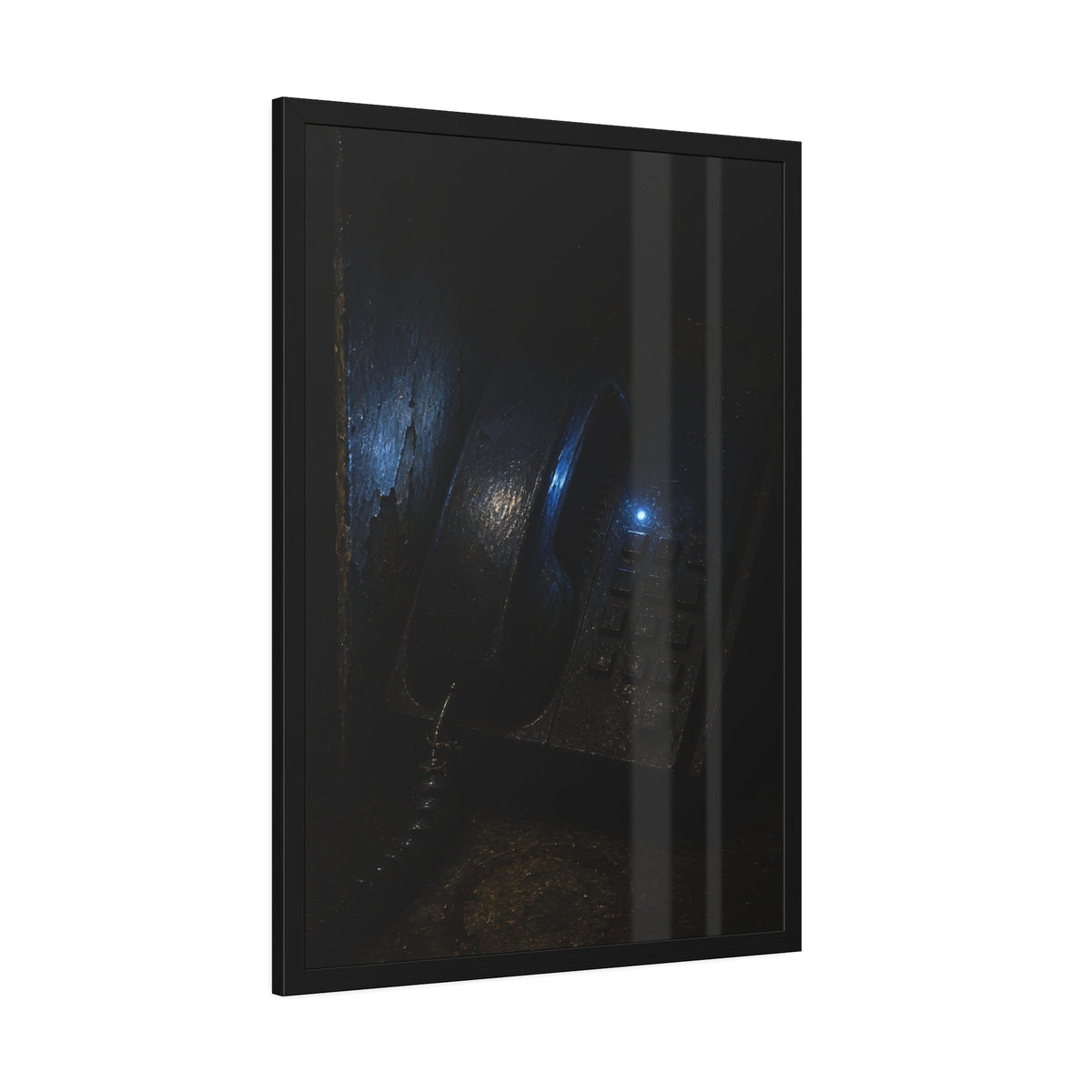 A grimy wall telephone in darkness with one small blue indicator light. The Night Queue by Garabaggio, framed fine art print hanging in a room.