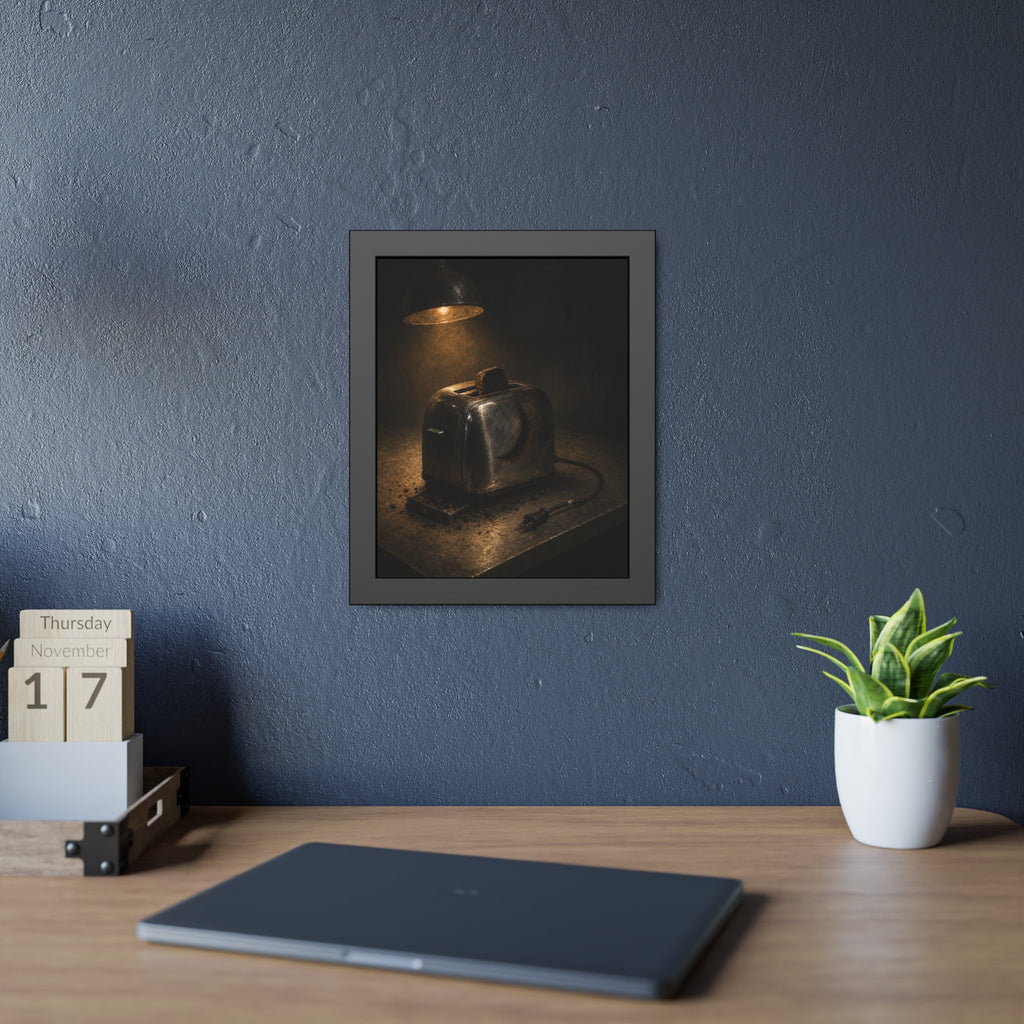 A scorched toaster under a work lamp, burnt toast standing in its slot. The Table of Examination by Garabaggio, framed fine art print hanging in a room.