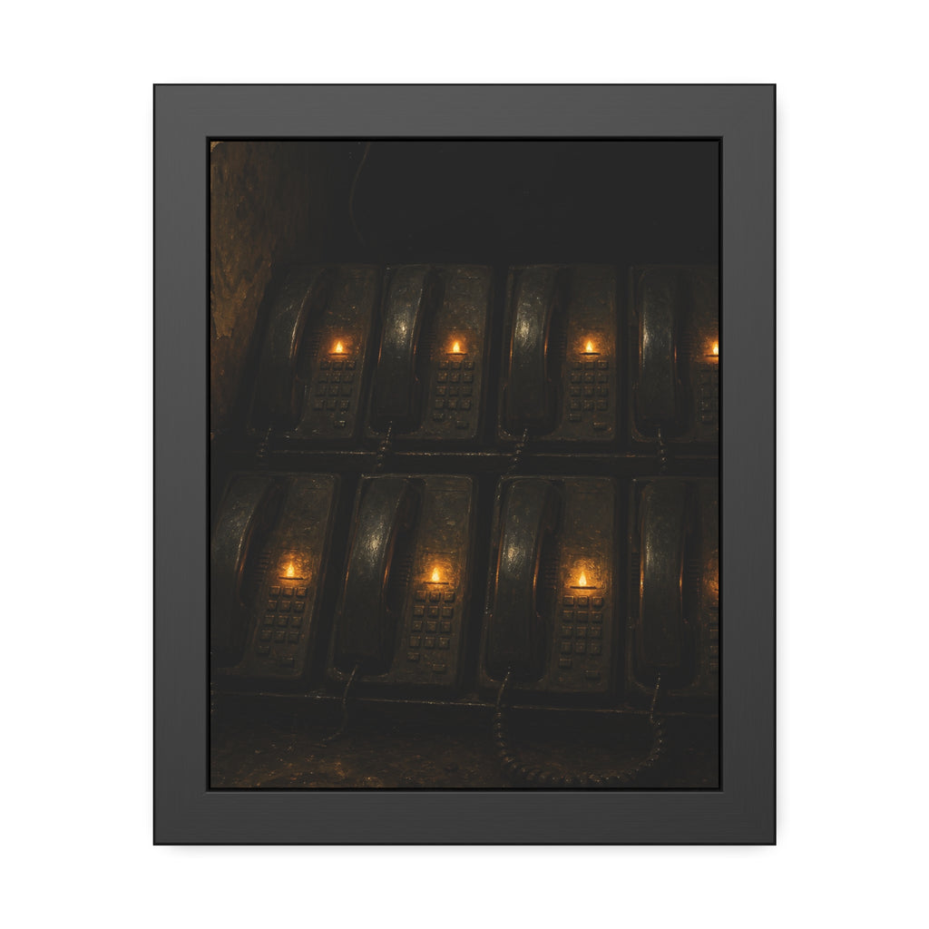 Rows of wall phones, each keypad lit by a small amber flame. The Votive Lights of the Hold Queue by Garabaggio, framed fine art print, 11″ x 14″.